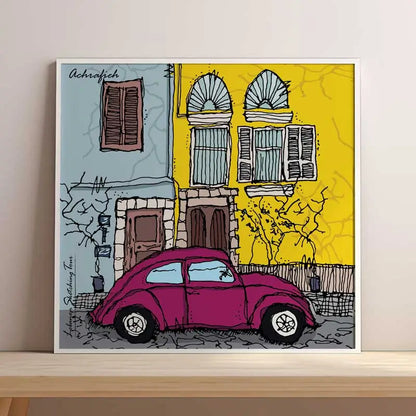 Beirut framed artwork of a sketch of a purple car parked in front of a yellow building with arched windows