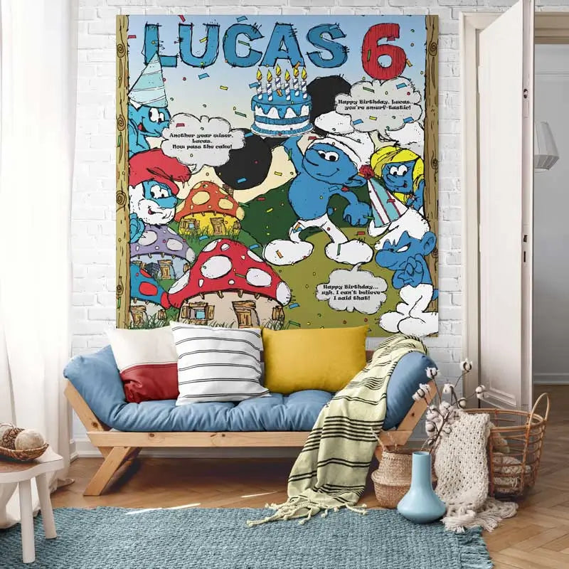 A large poster of the Smurf printed and hanged on the wall