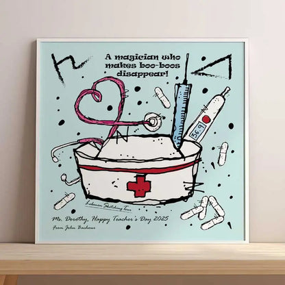 Framed nurse poster for a nurse as a gift with the nurse hat and red cross, with a needle and pills on a light blue background with her initials in Phoenician letters